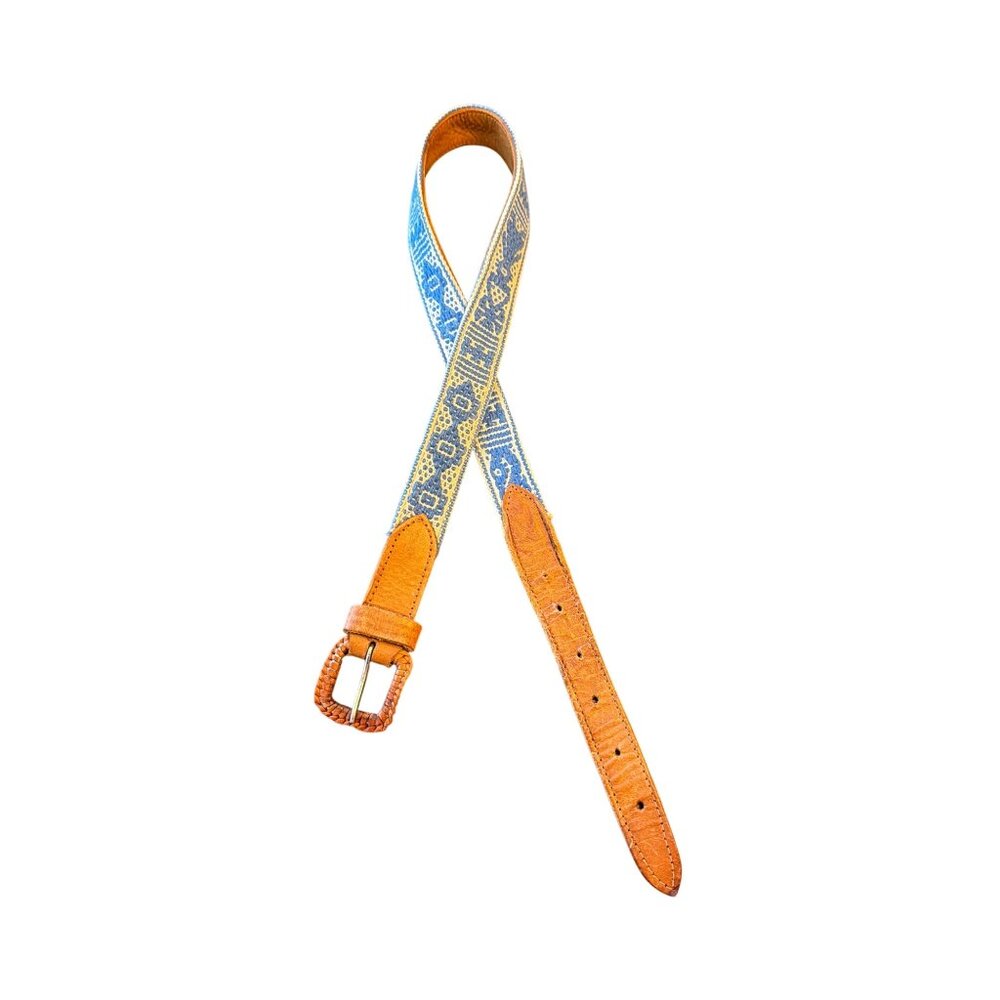 Vintage Leather & Woven Blue Pattern Belt With Braided Buckle